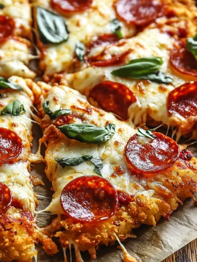 Aproape de o pizza cu pepperoni și busuioc.