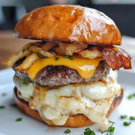 Un burger cu brânză și bacon la suprafață.