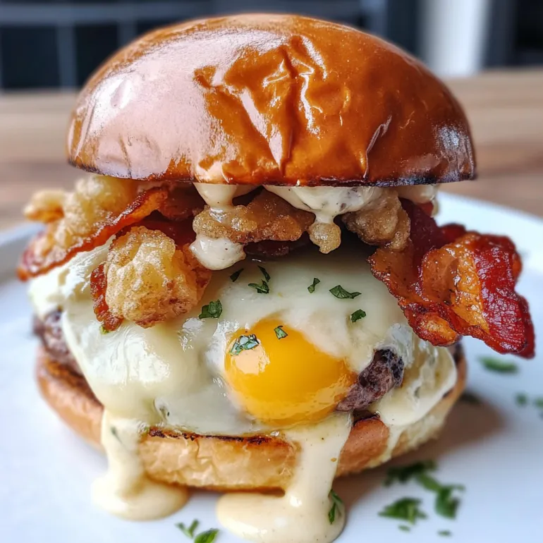 Un hangover burger cu ou prăjit deasupra.