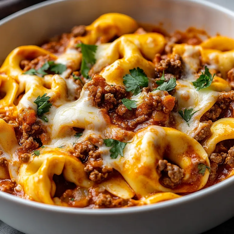 Un bol cu tortellini enchilada cu vita si branza topită.
