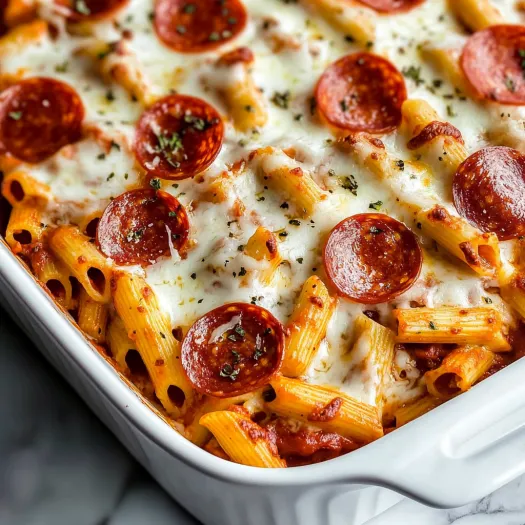 Un vas cu paste, pepperoni și brânză.