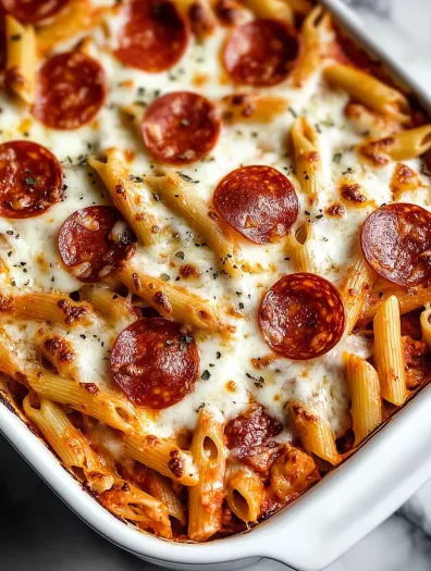 Un vas cu paste, pepperoni și brânză.