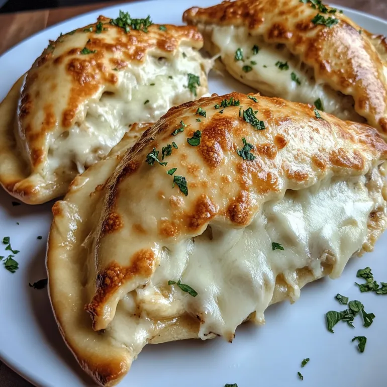 Doua bucati de pachetele crocante umplute cu pui si branza Alfredo.