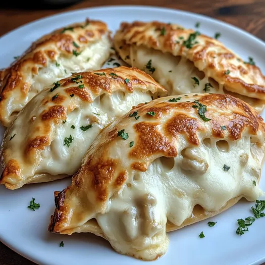 Patru bucăți de calzone Alfredo cu pui crocant și brânză.