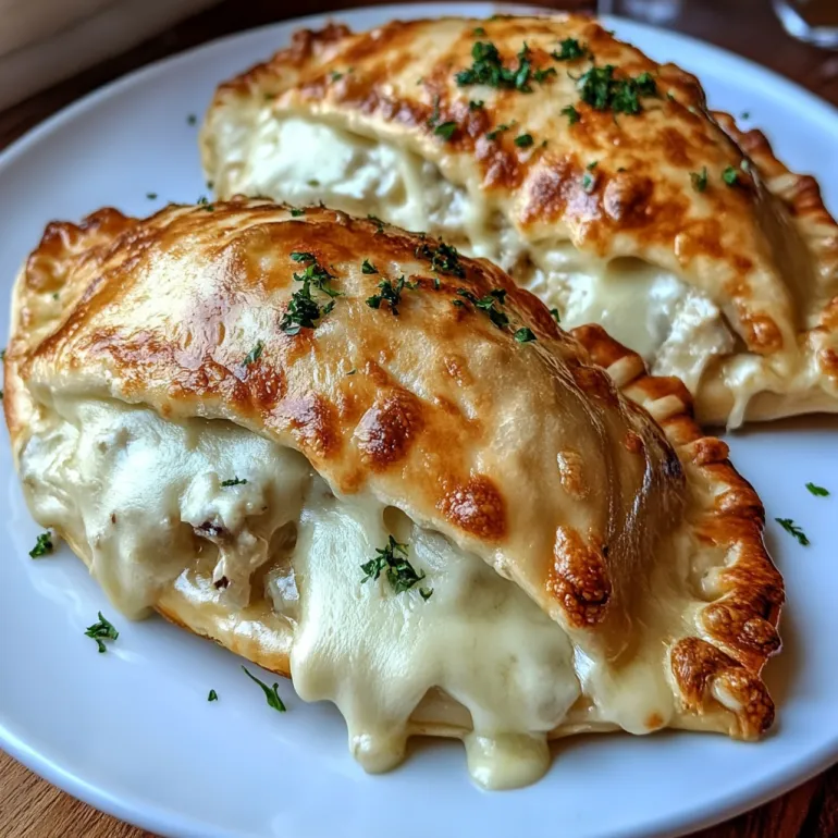 Două porții de calzone Alfredo cu pui crocant și brânză.