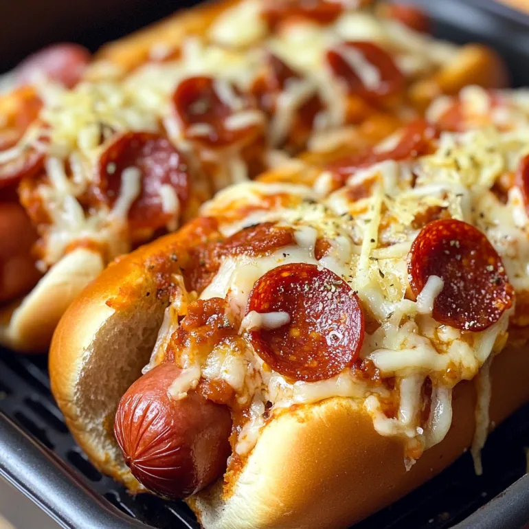 Doi hot dog în chiflă cu pepperoni și brânză topită.