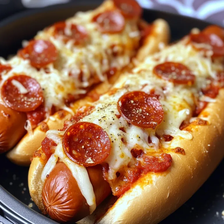Două hot doguri cu pepperoni și brânză.