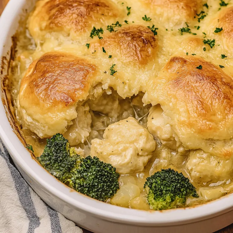 O tavă cu caserolă de broccoli, cașcaval și biscuiți.