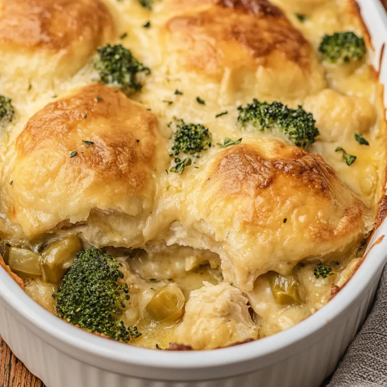Un bol alb plin cu caserolă de broccoli și cheddar cu biscuiți.