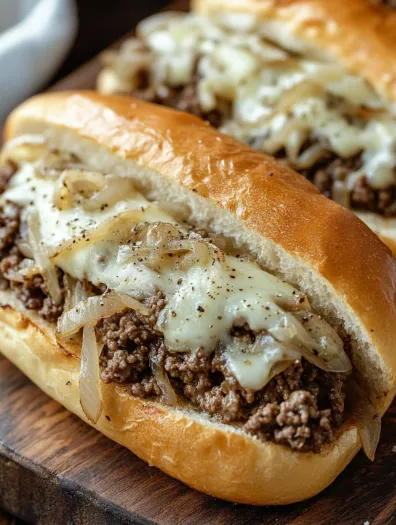 Gros-plan cu un sandviș French dip cu ceapă și brânză.