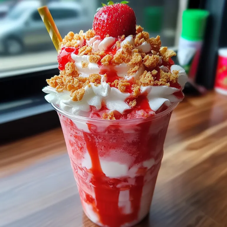 Un pahar cu Shortcake Frappuccino cu Căpșuni de la Starbucks.