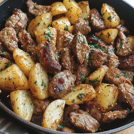 O tigaie cu carne și cartofi cu unt de usturoi.