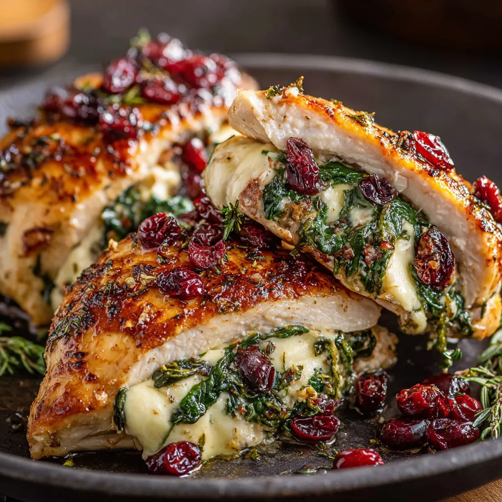 A plate of chicken with spinach and cranberries.