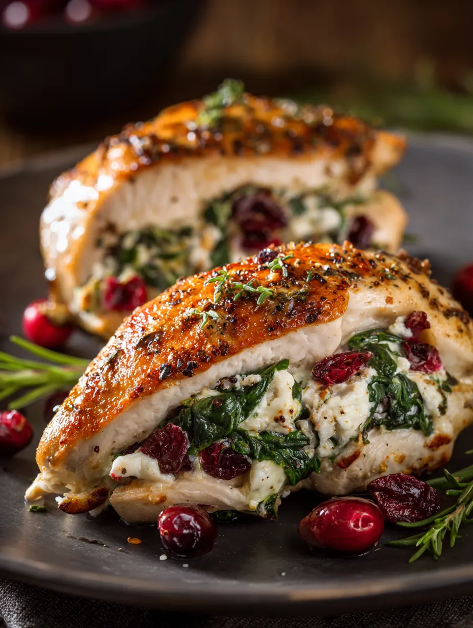 A plate of chicken with spinach and cranberries.