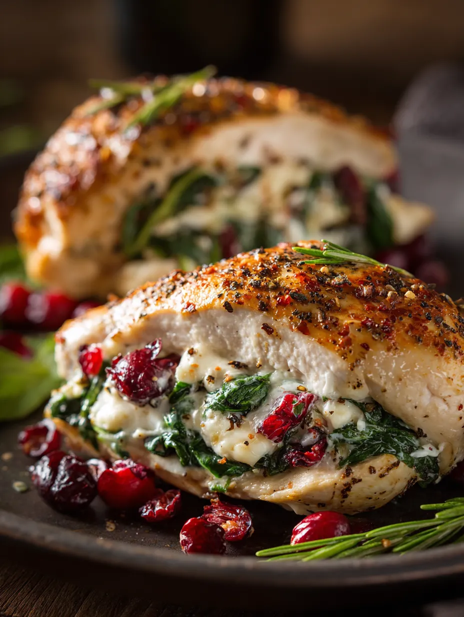 A stuffed chicken with spinach and cranberries.