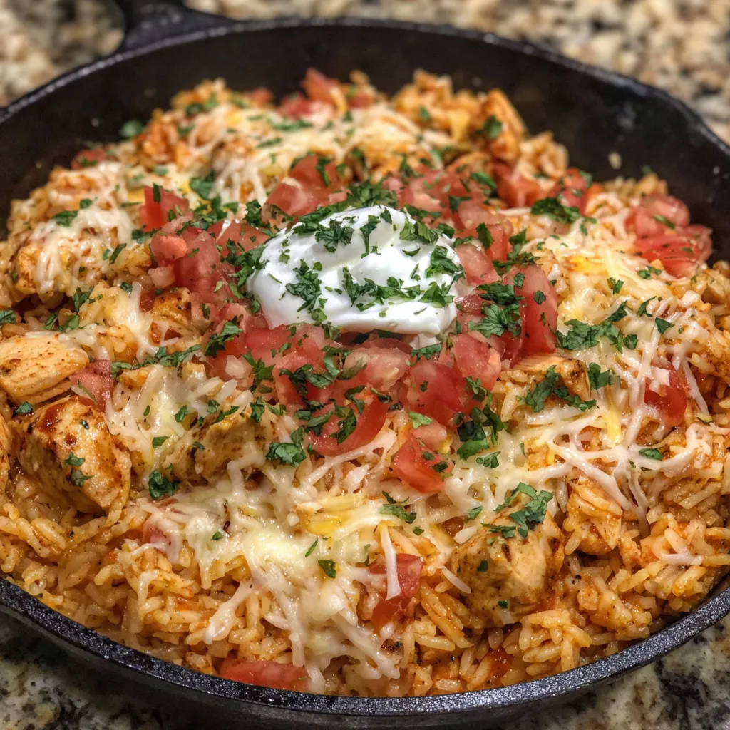 A cheesy chicken taco rice dish in a skillet.