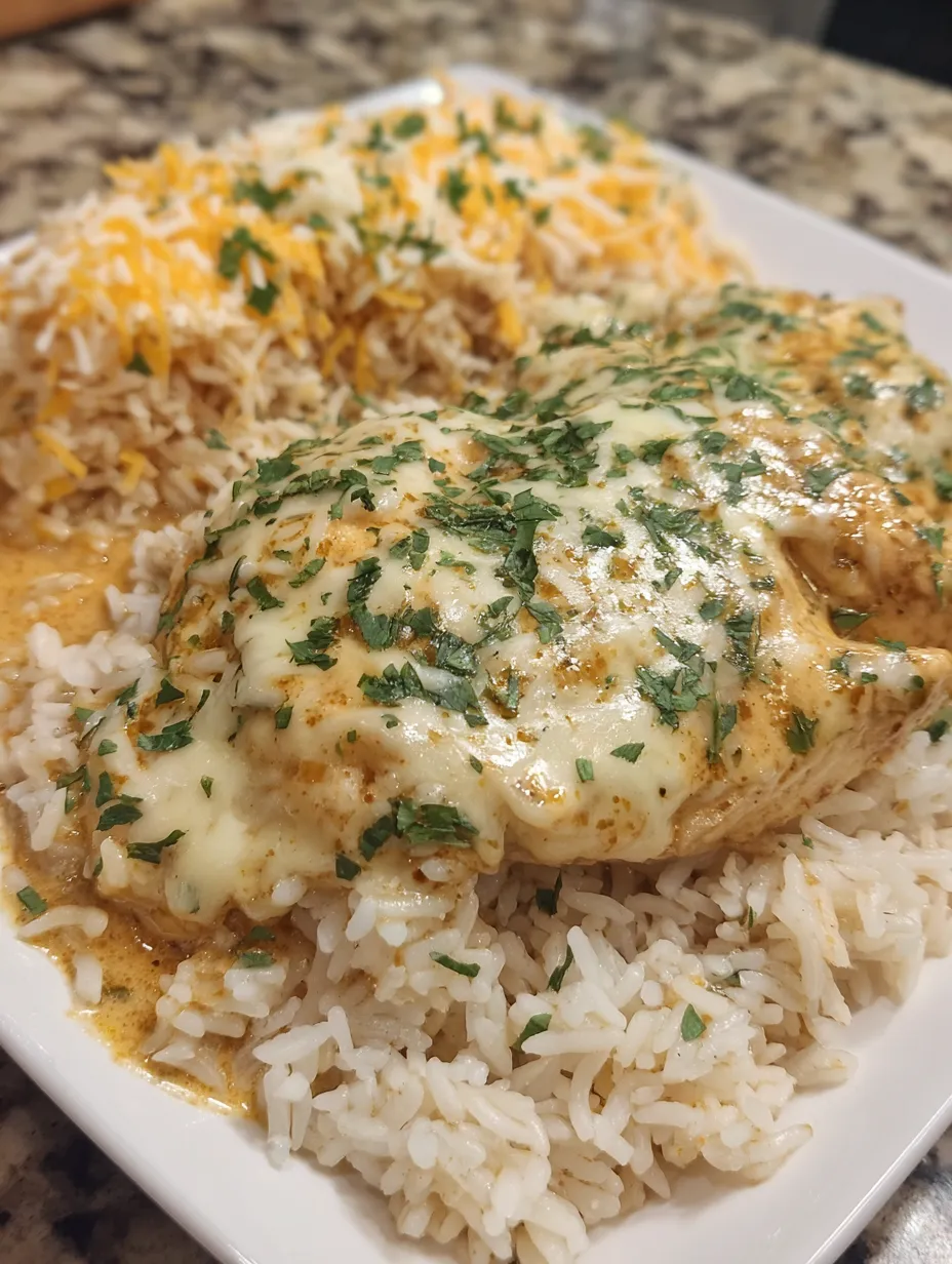 A plate of rice with chicken and cheese on top.