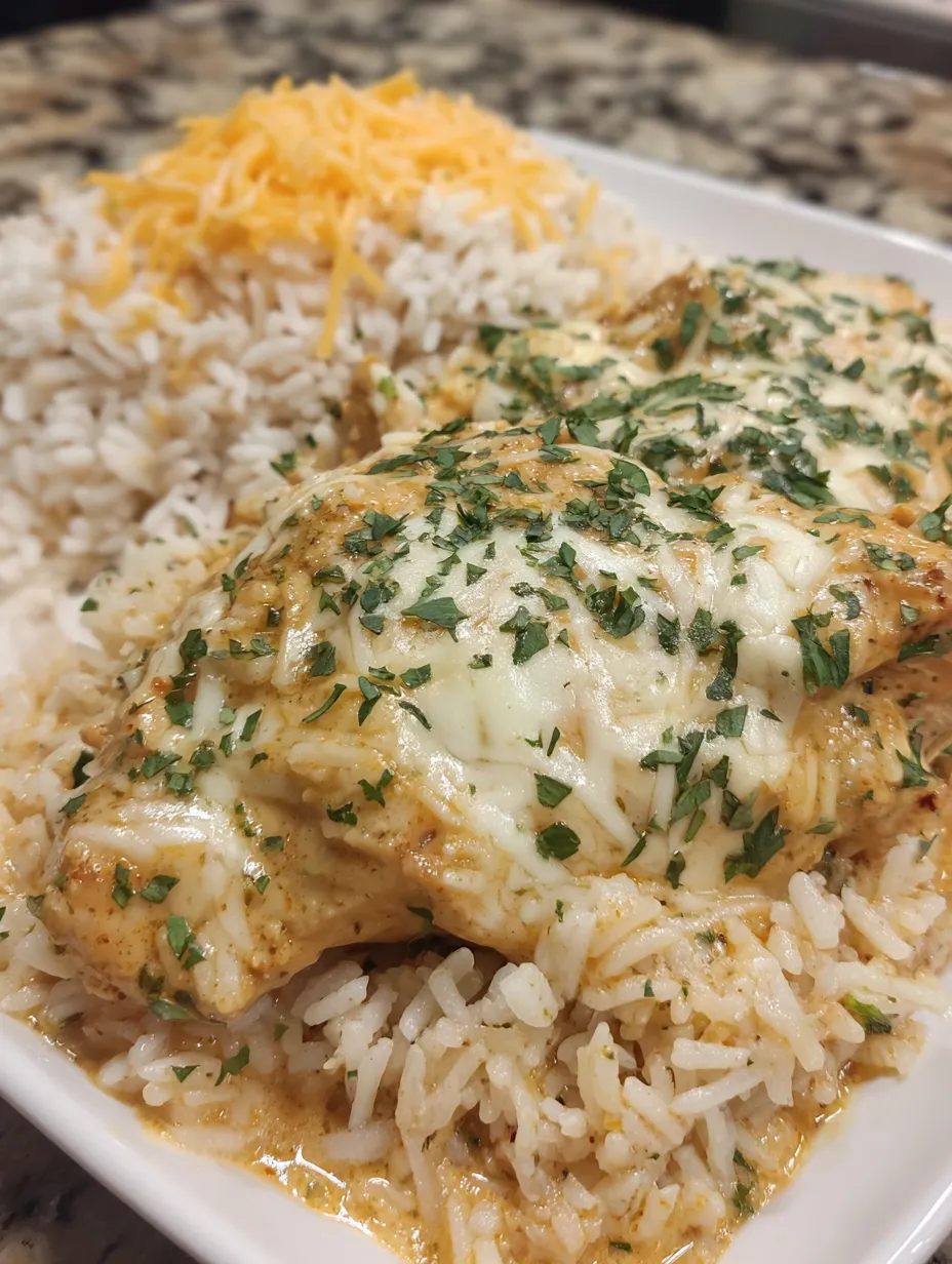 A plate of rice and chicken with cheese on top.