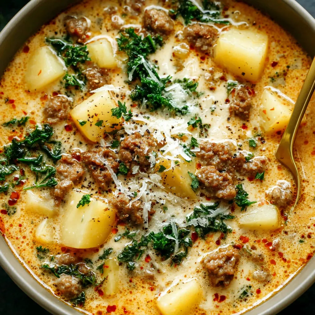 A bowl of soup with sausage and potatoes.