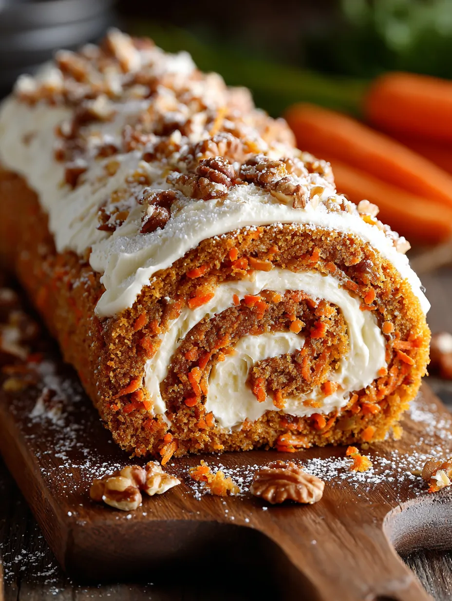 A carrot cake roll with cream cheese frosting filling.