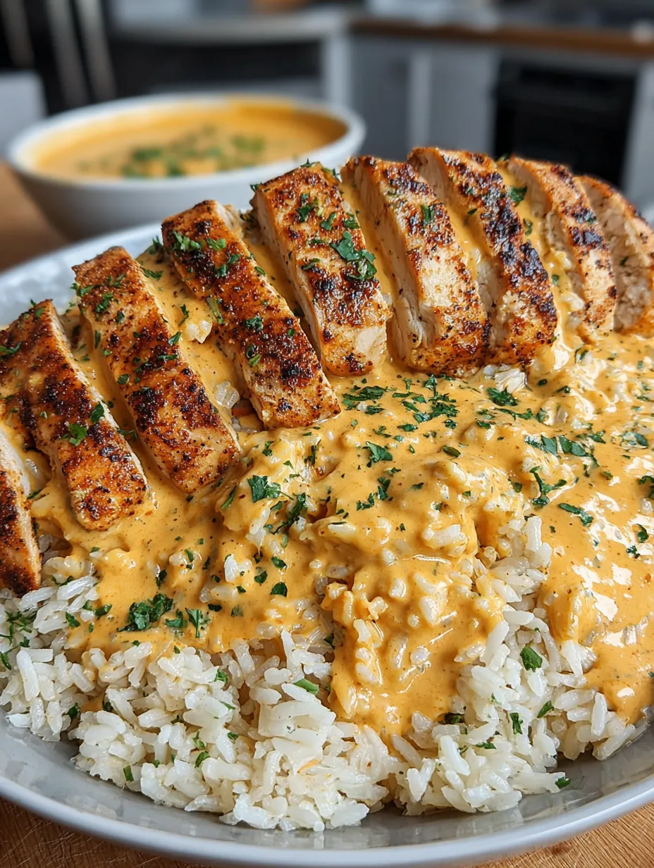 A plate of rice with chicken and creamy sauce.