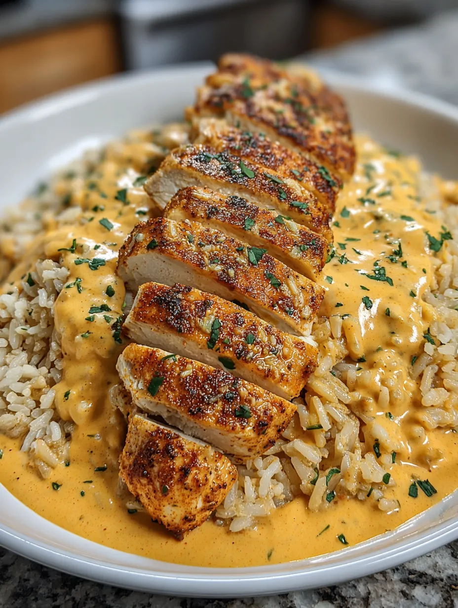 A plate of rice with chicken and creamy sauce.