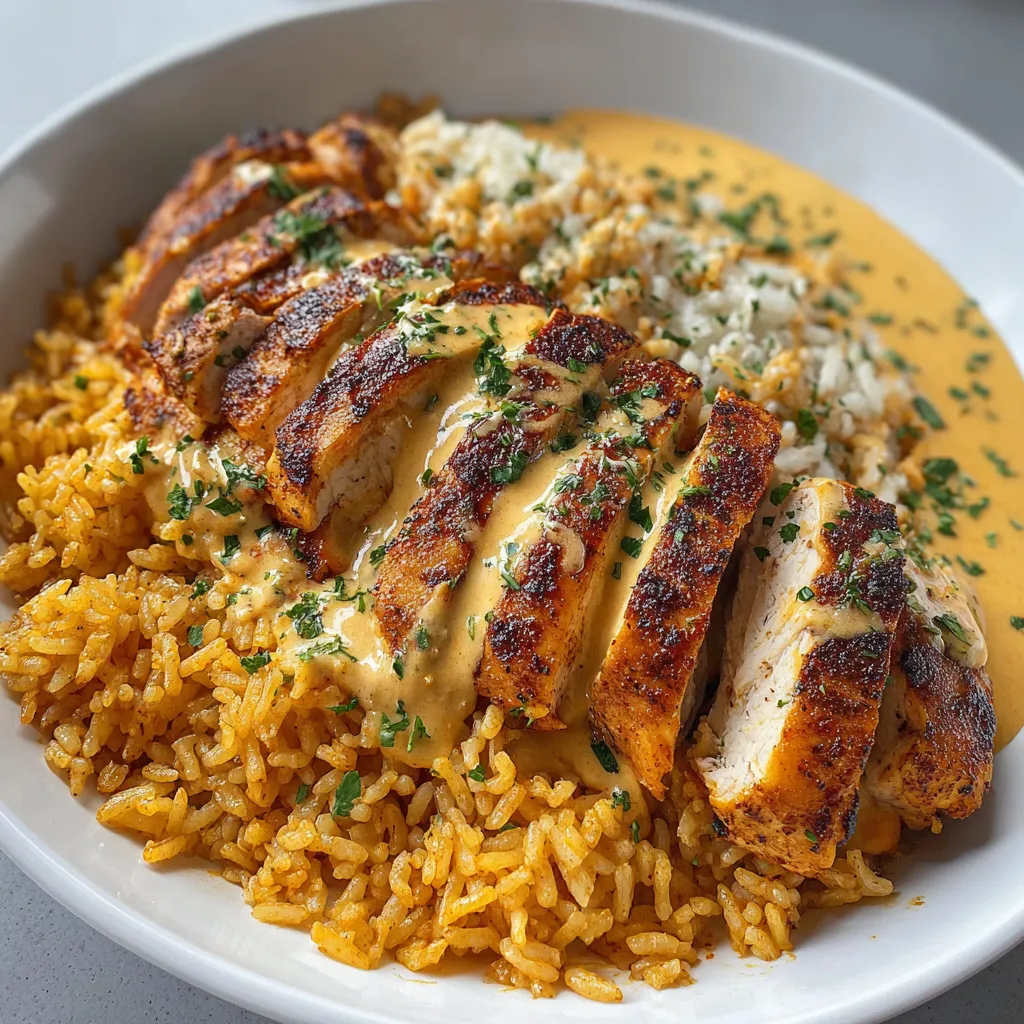 A plate of rice with chicken and creamy sauce.