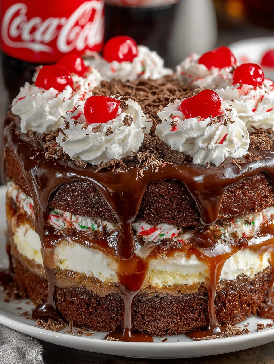 A Coca-Cola Fudge Layer Cake with chocolate and white frosting.