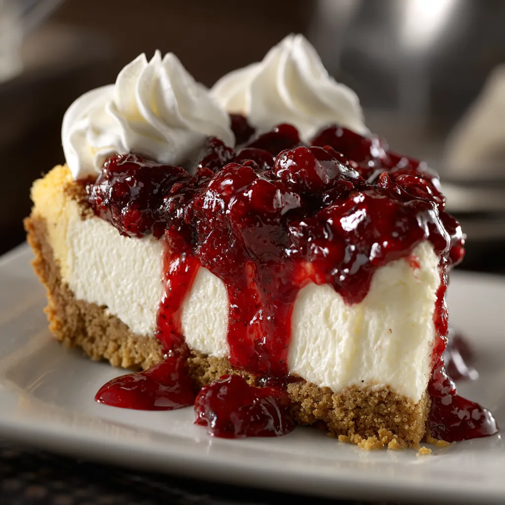 A slice of classic cherry cheesecake.