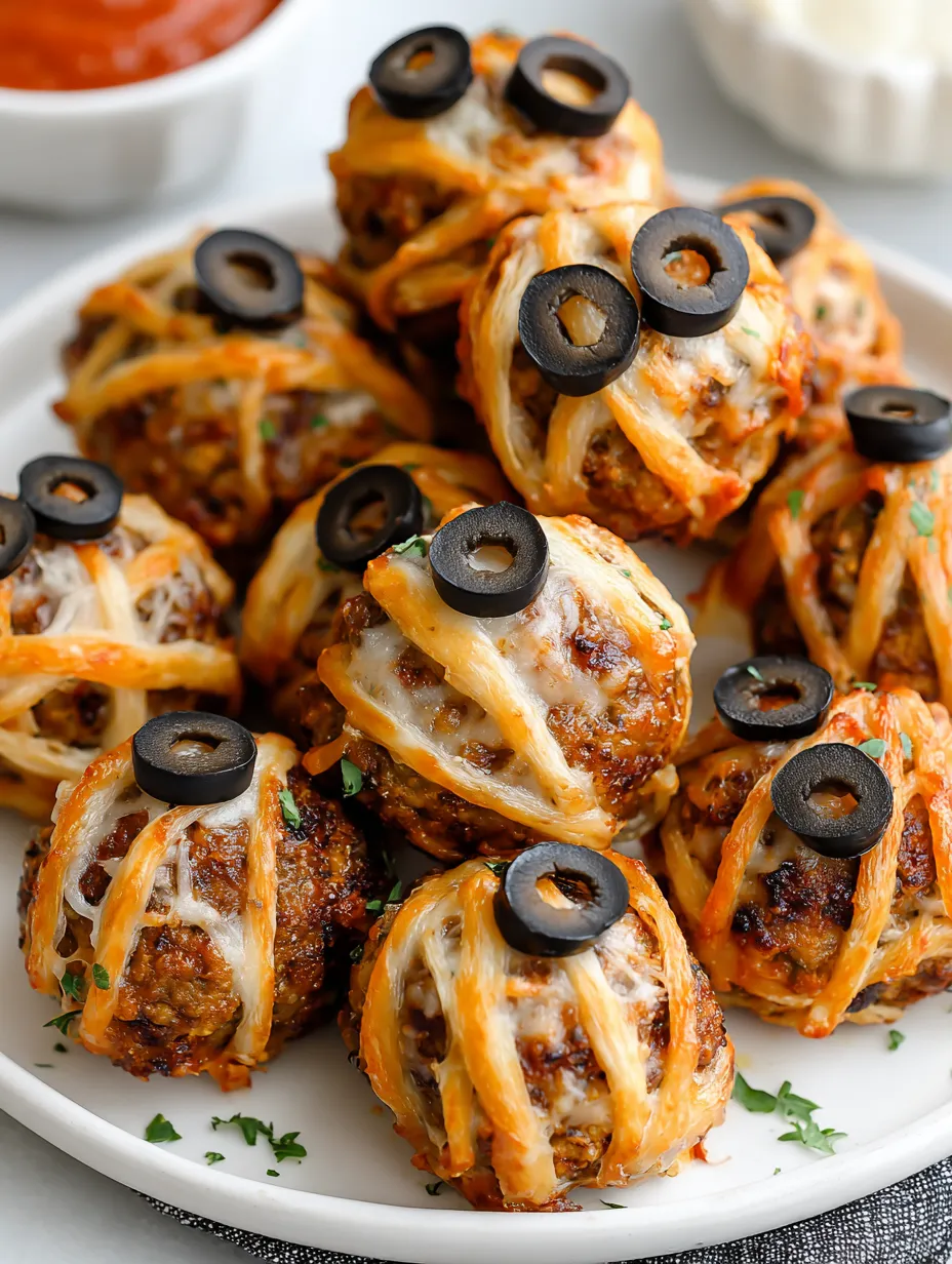 A plate of meatballs with black olives on top.