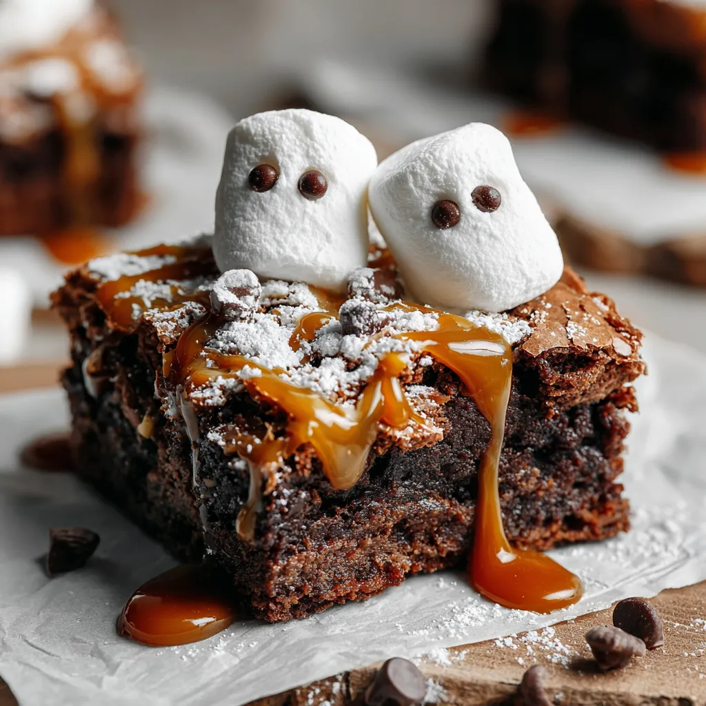 A close up of a ghostly caramel marshmallow brownie.