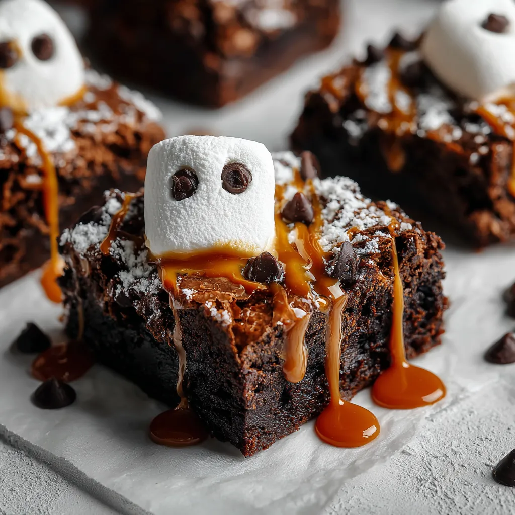 A close up of a ghostly caramel marshmallow brownie.