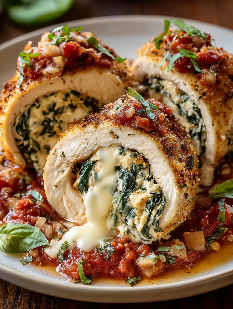 A plate of chicken spinach cheese rollatini.