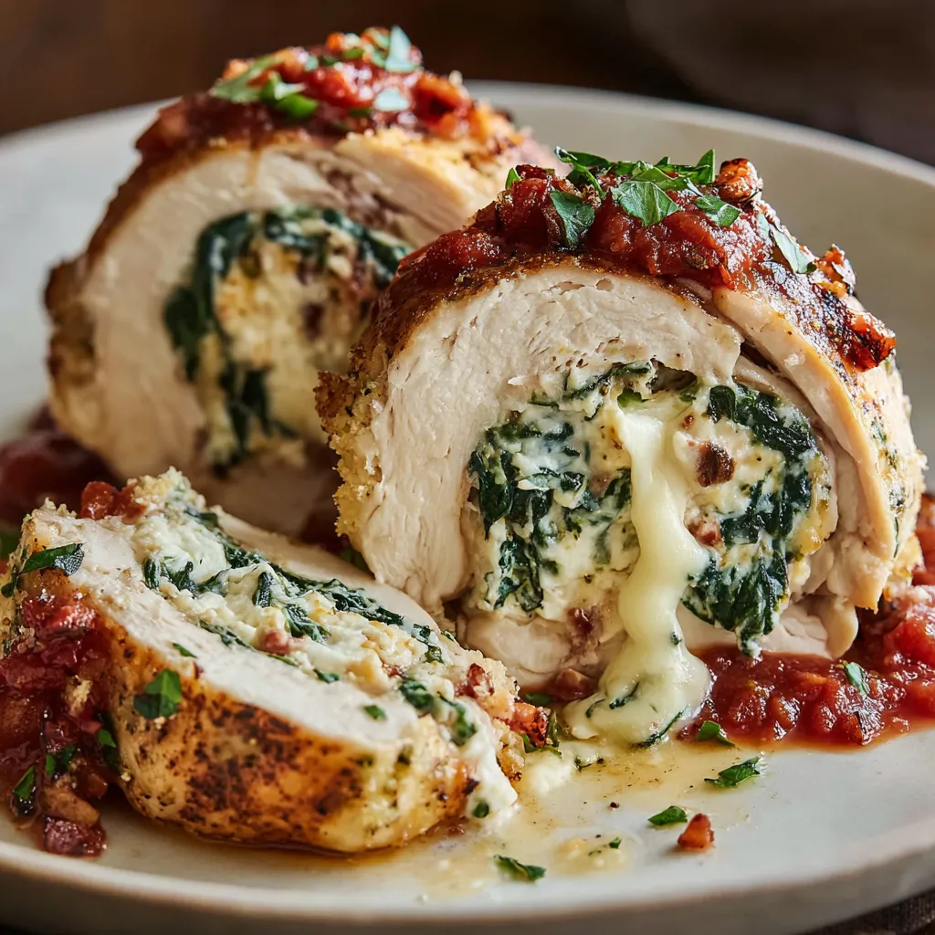A plate of chicken with spinach and cheese.