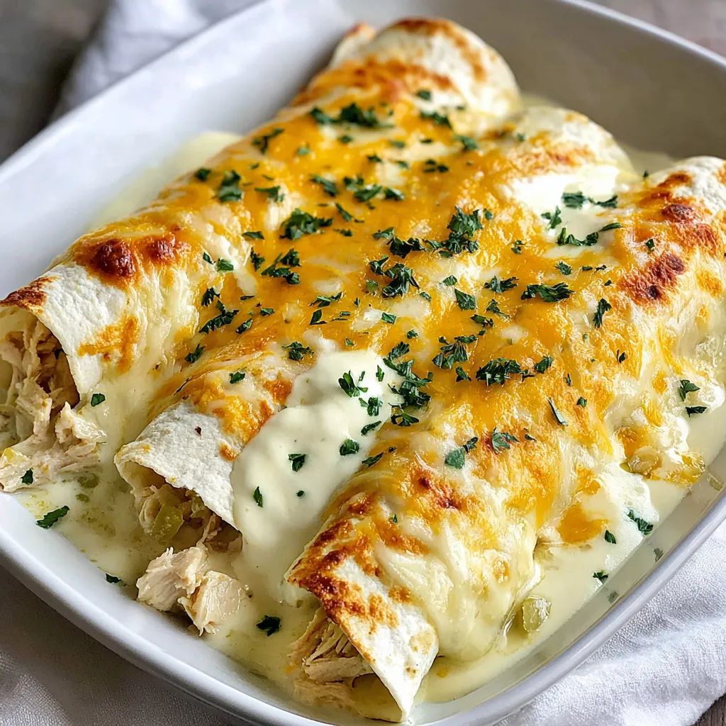 A white plate with a creamy white chicken enchilada.