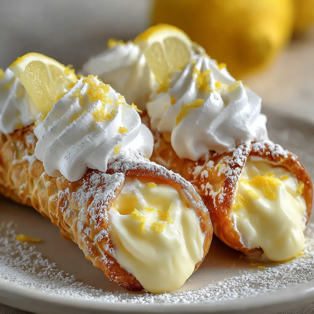 Lemon meringue pie cannoli with whipped cream.