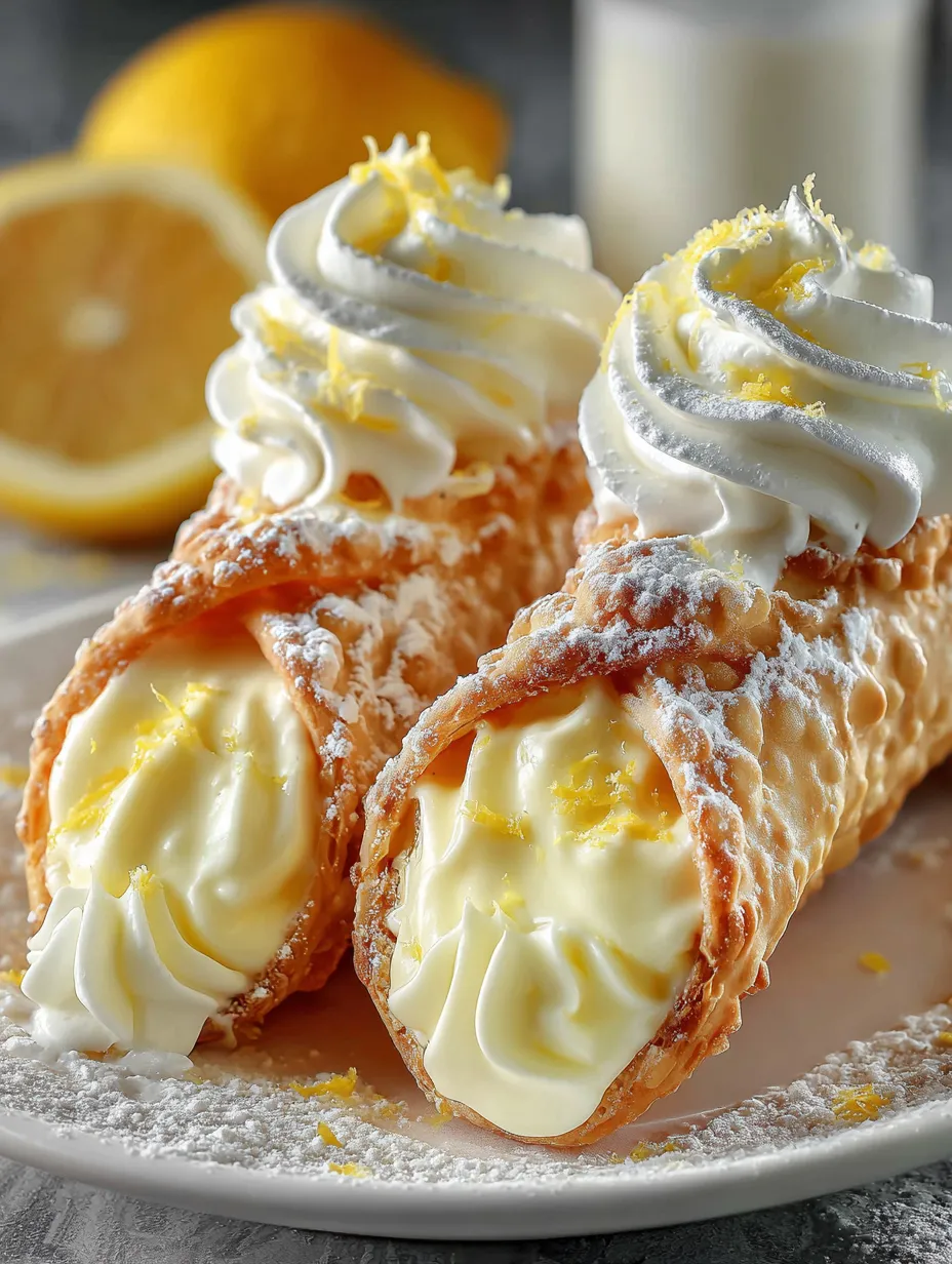 Two cannoli with lemon meringue filling.