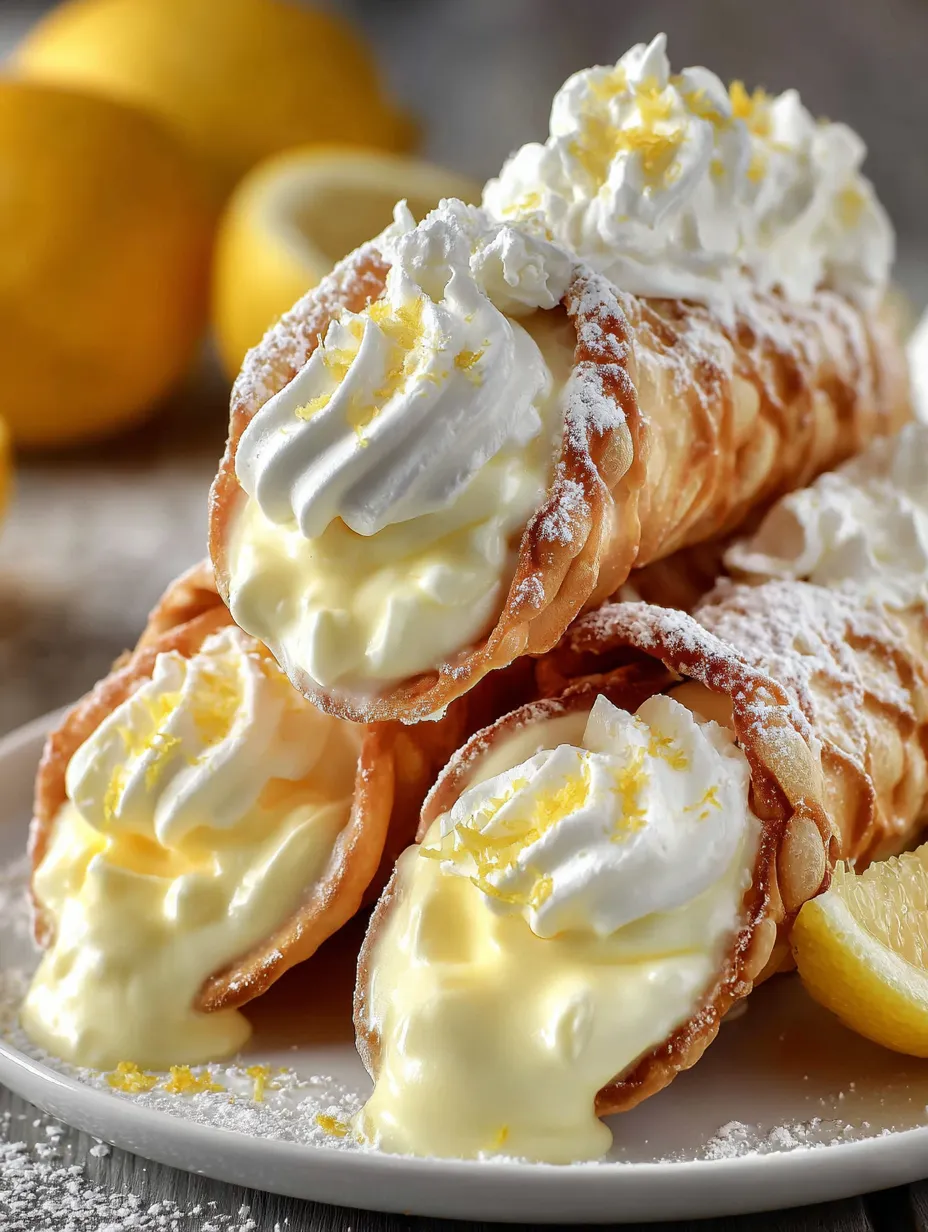 Lemon meringue pie cannoli with whipped cream.