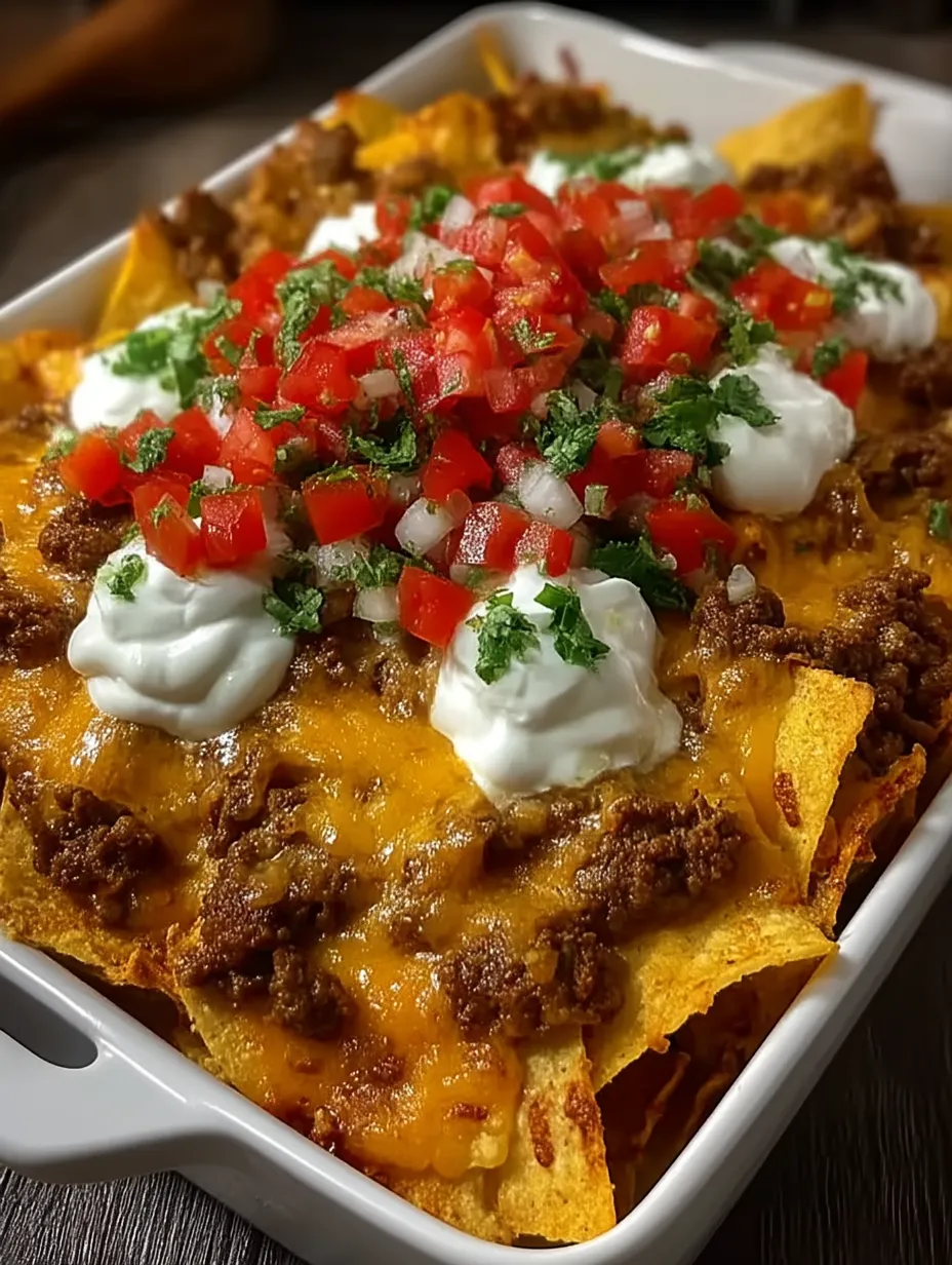 A dish of Dorito Taco Casserole with tomatoes and cheese.