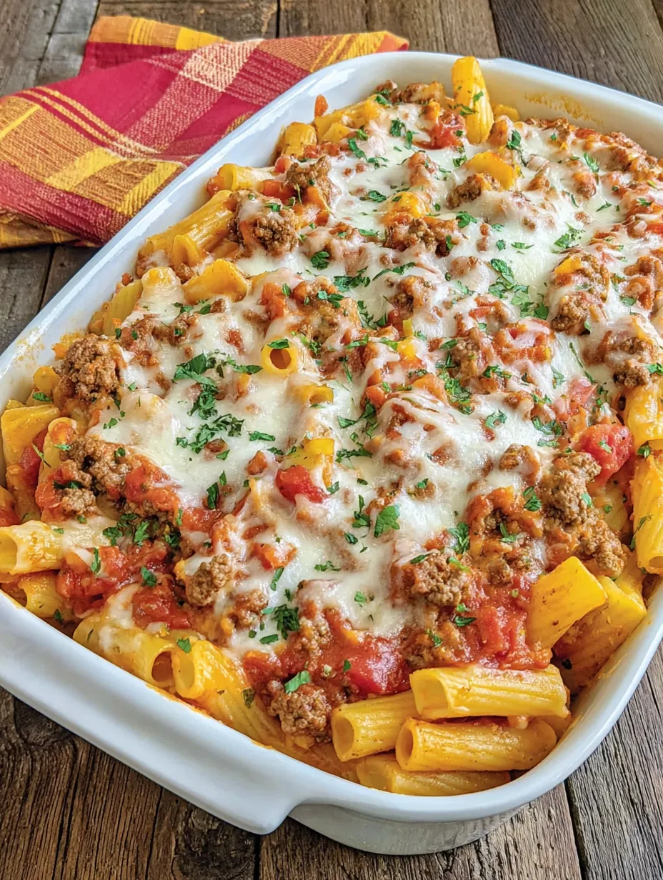 A baked ziti dish with sausage and cheese.