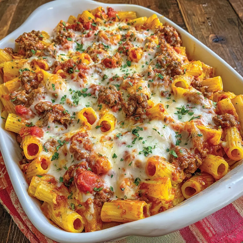A baked ziti dish with sausage and cheese.