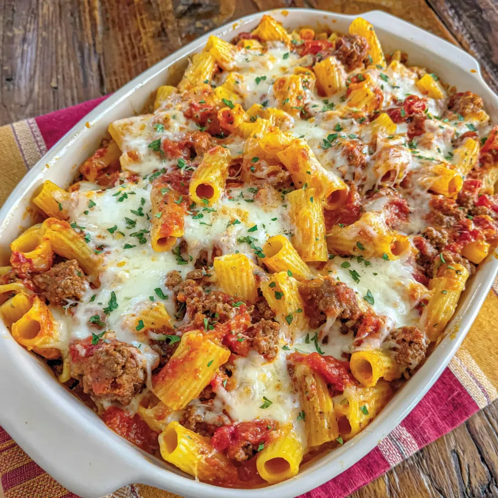 A baked ziti dish with sausage and cheese.