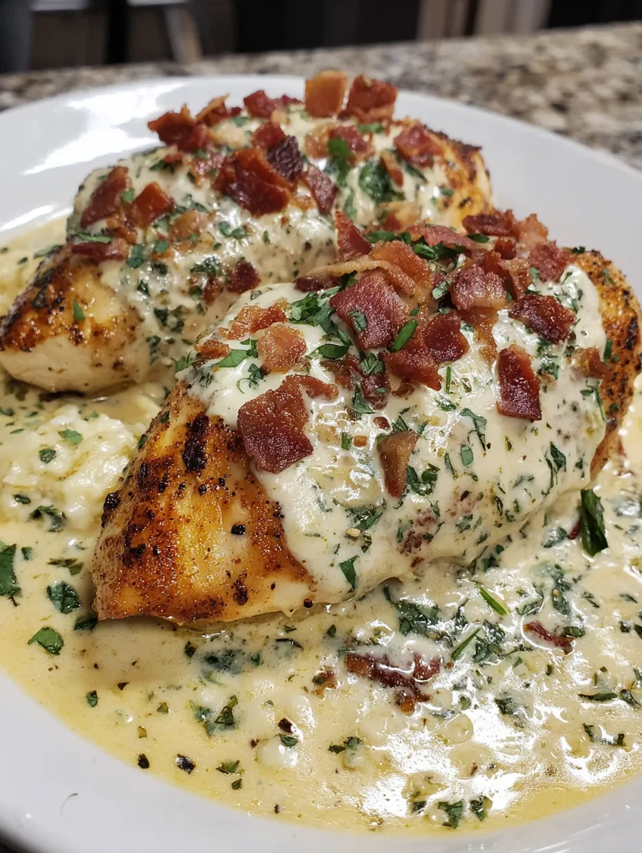 A plate of chicken covered in creamy garlic parmesan sauce.