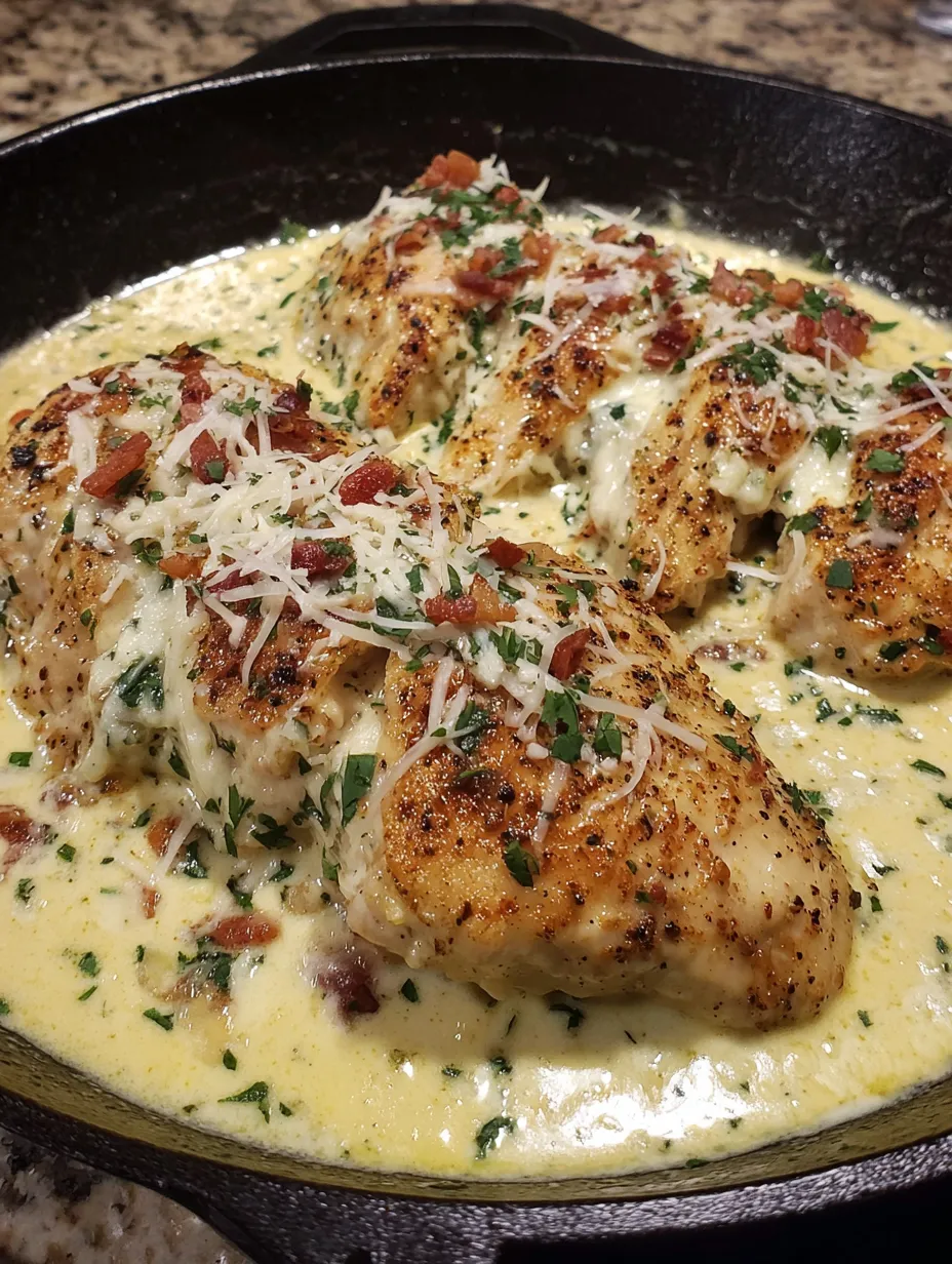 A dish of chicken covered in cheese and herbs.