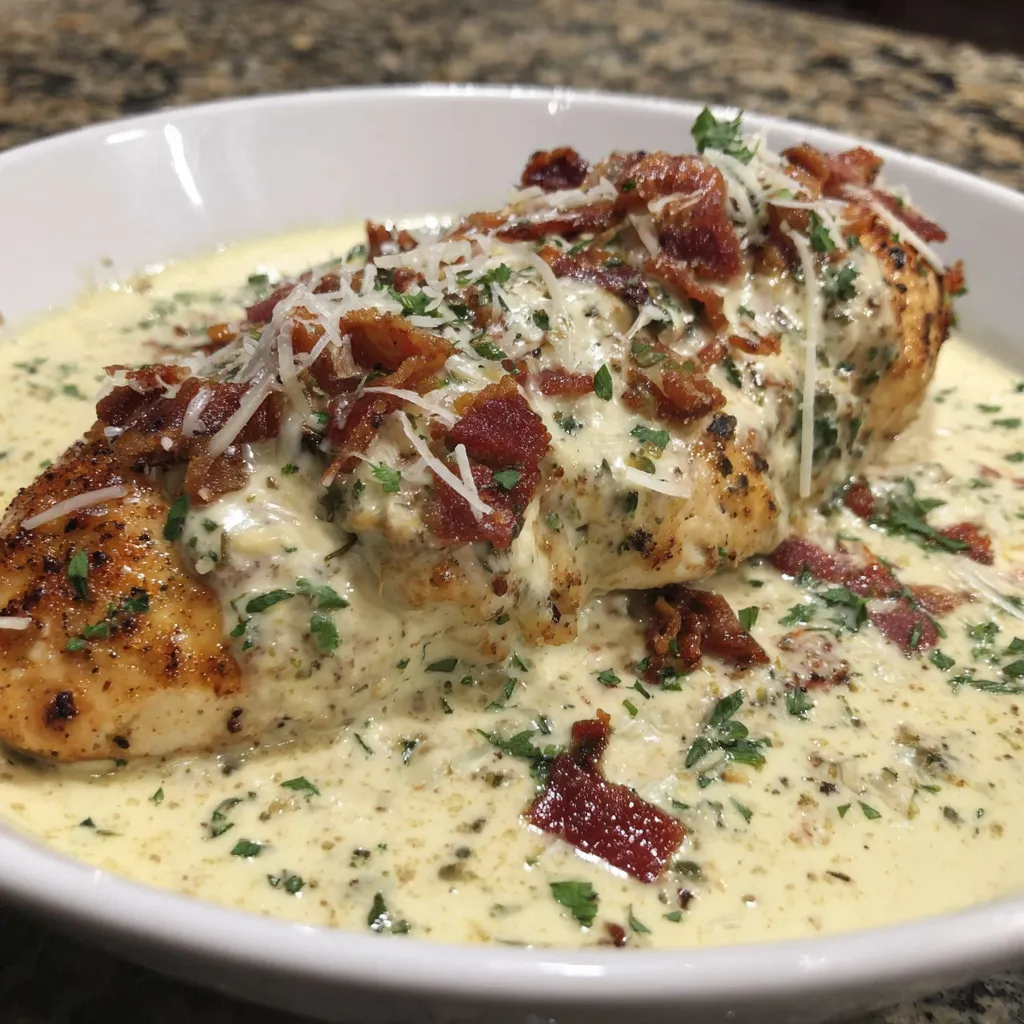 A bowl of creamy garlic parmesan chicken.