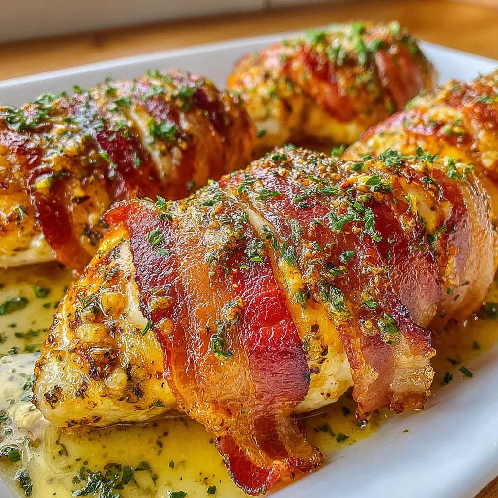 Bacon wrapped garlic chicken on a white plate.