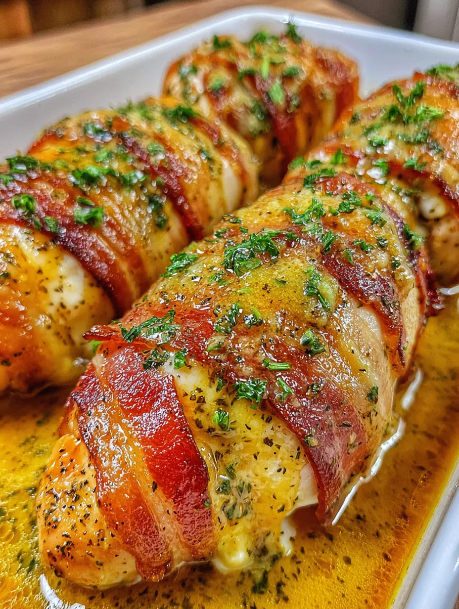 Bacon wrapped garlic chicken on a plate.