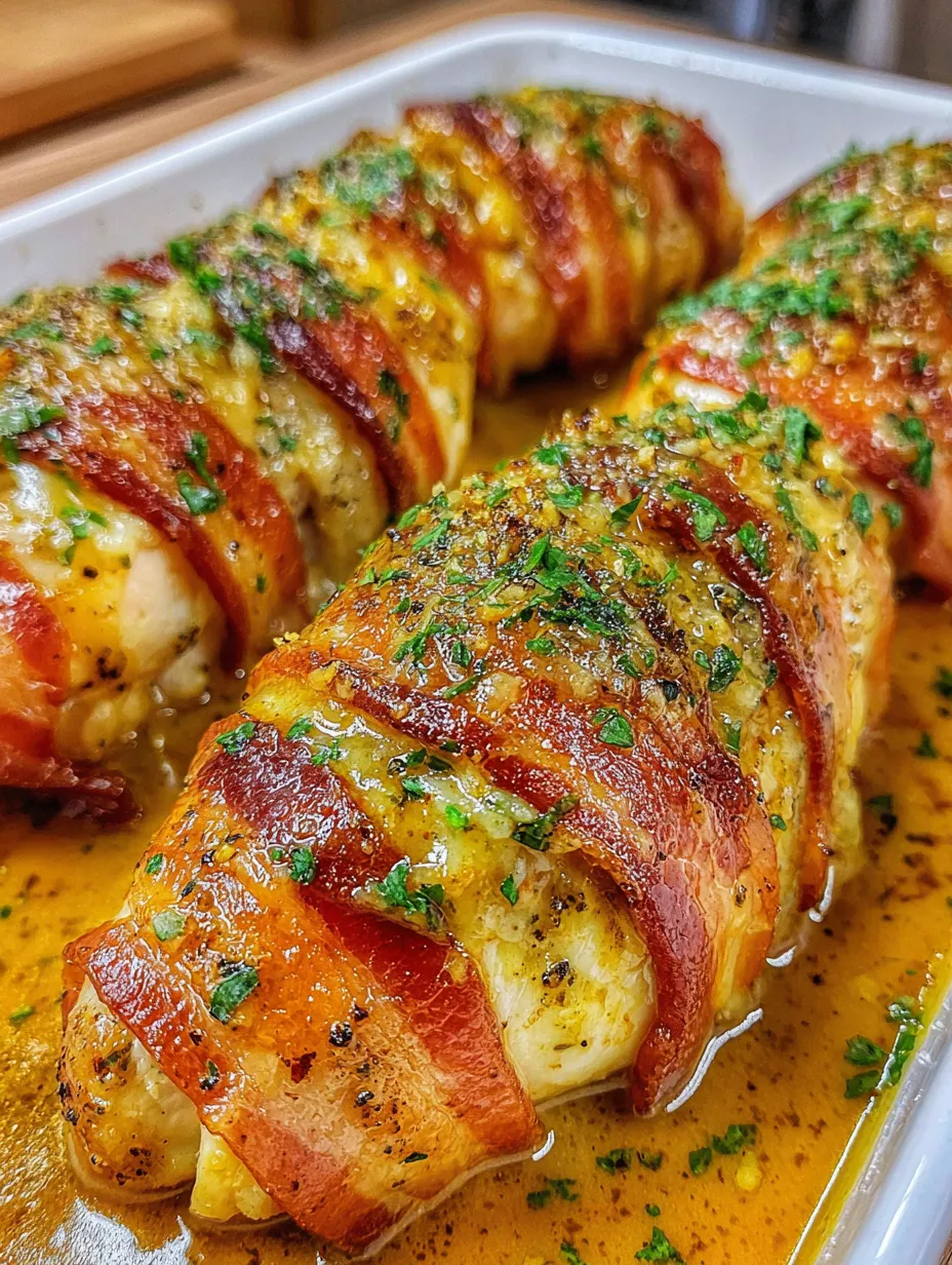 Bacon wrapped garlic chicken chicken.