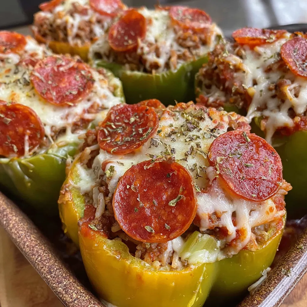A dish of pizza stuffed peppers.