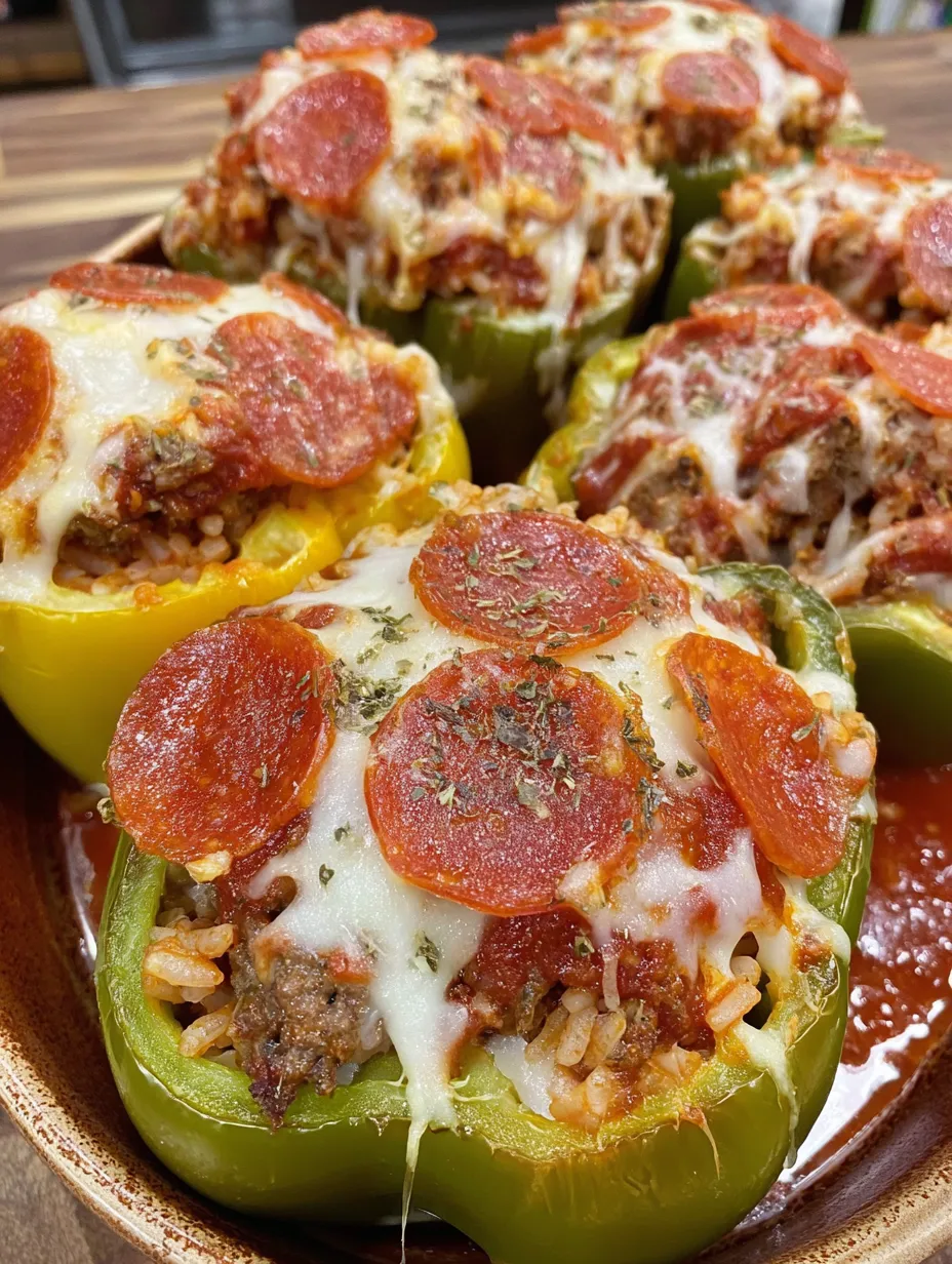 A plate of pizza stuffed peppers.